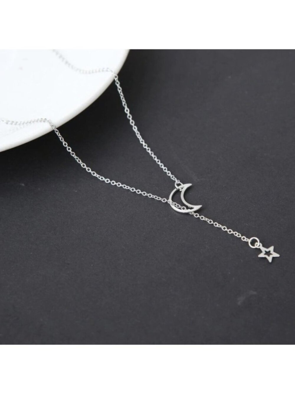 Moon and Star Drop Adjustable Lariat Y Choker Silver Necklace